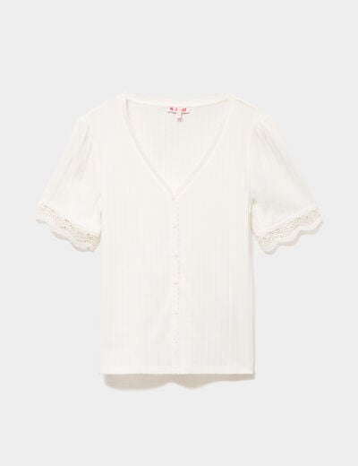Blouse manches courtes col V dentelle blanc femme
