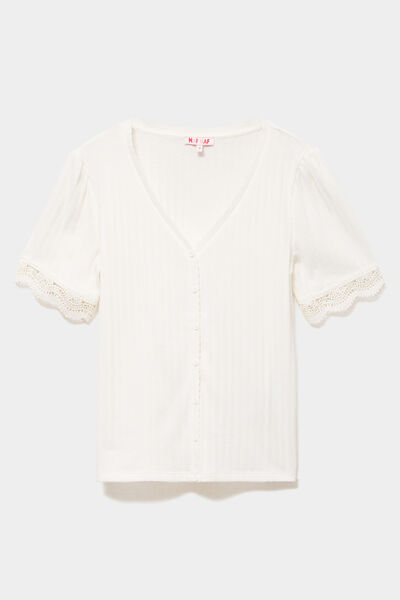 Blouse manches courtes col V dentelle blanc femme