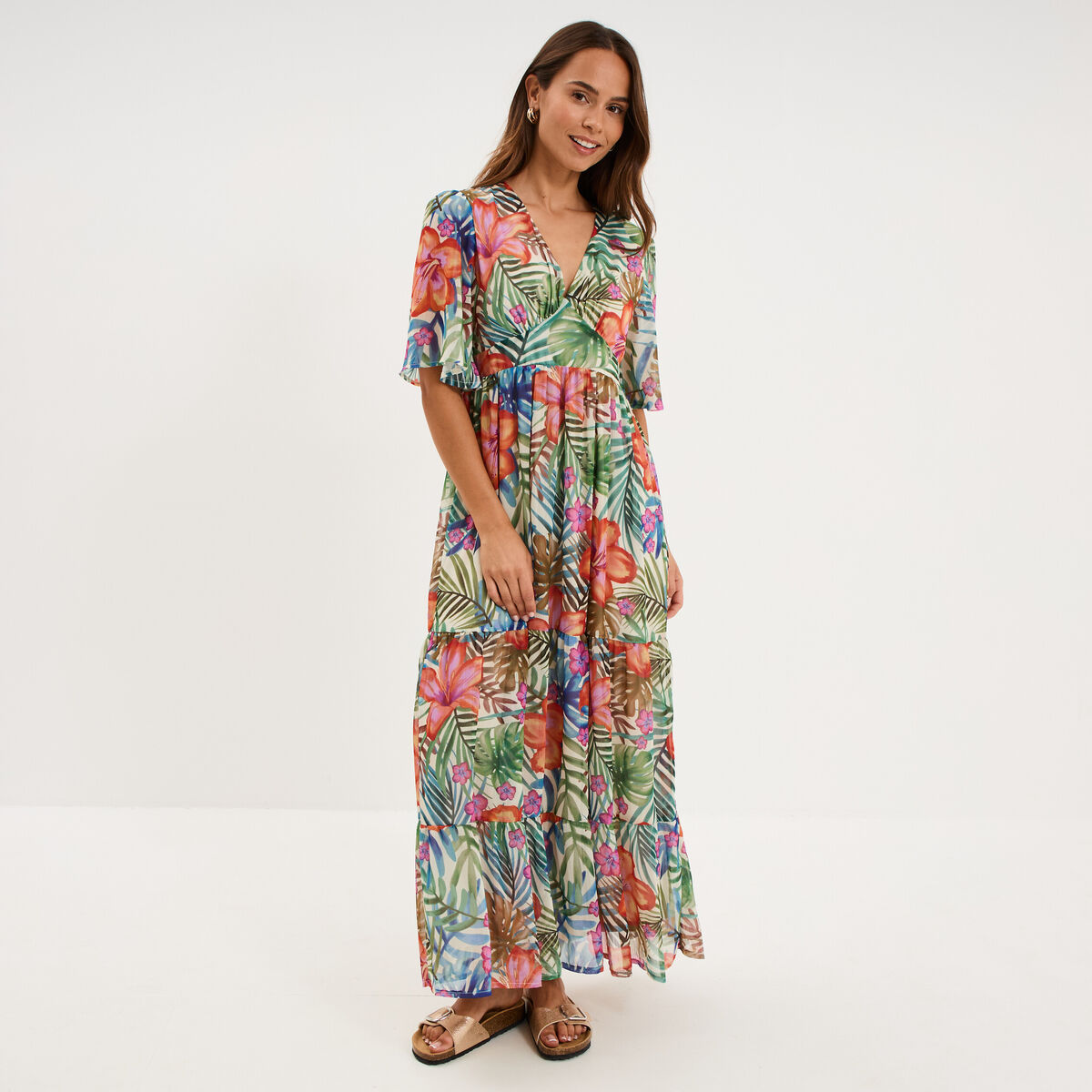 Robe longue bas volants col en V multicolore femme