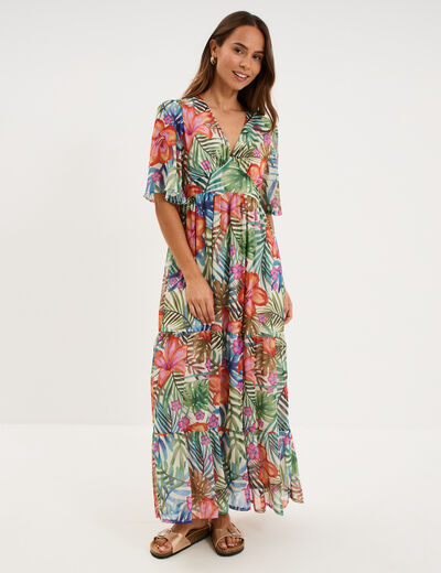 Robe longue bas volants col en V multicolore femme