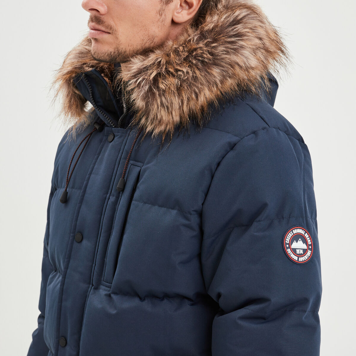 Parka capuche fausse fourrure amovible bleu marine homme