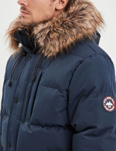 Parka capuche fausse fourrure amovible bleu marine homme