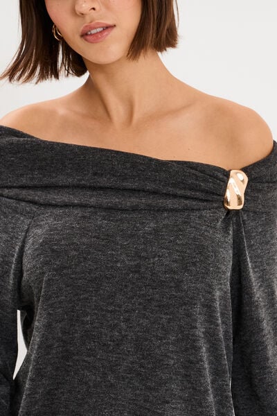 Pull encolure bateau manches longues gris femme