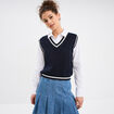 Pull sans manches col en V bleu marine femme