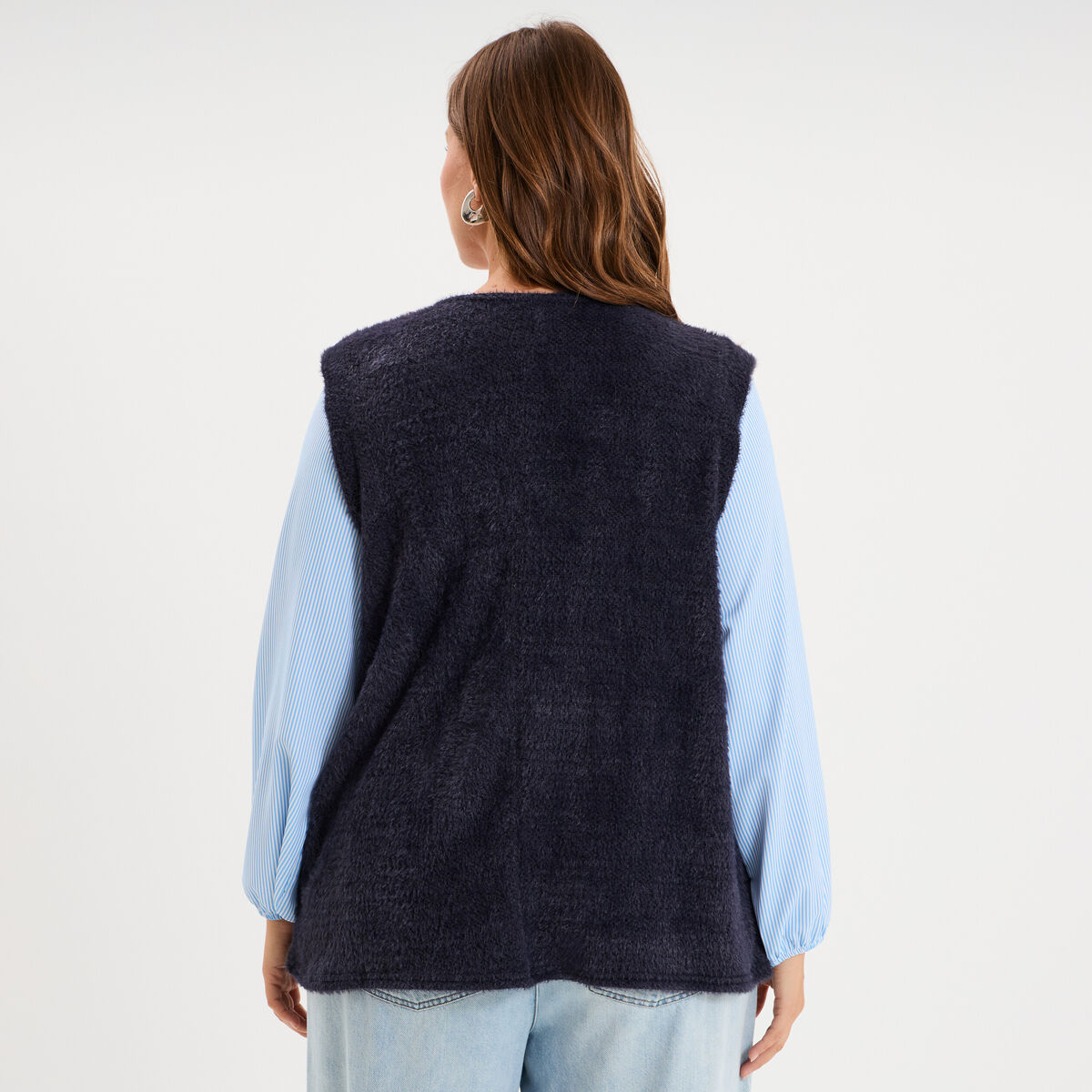 Pull effet 2-en-1 droit manches longues bleu marine femme grande taille