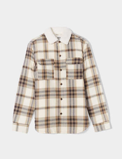 Surchemise carreaux doublée effet sherpa beige homme