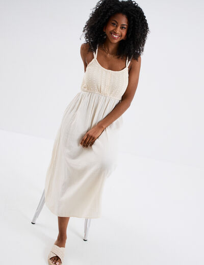 Robe midi buste macramé en gaze de coton creme femme