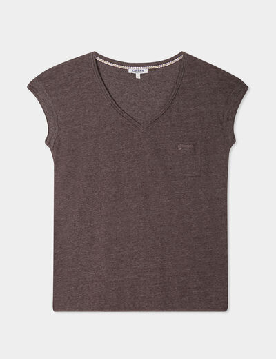 T-shirt col v poche poitrine marron fonc&eacute; femme