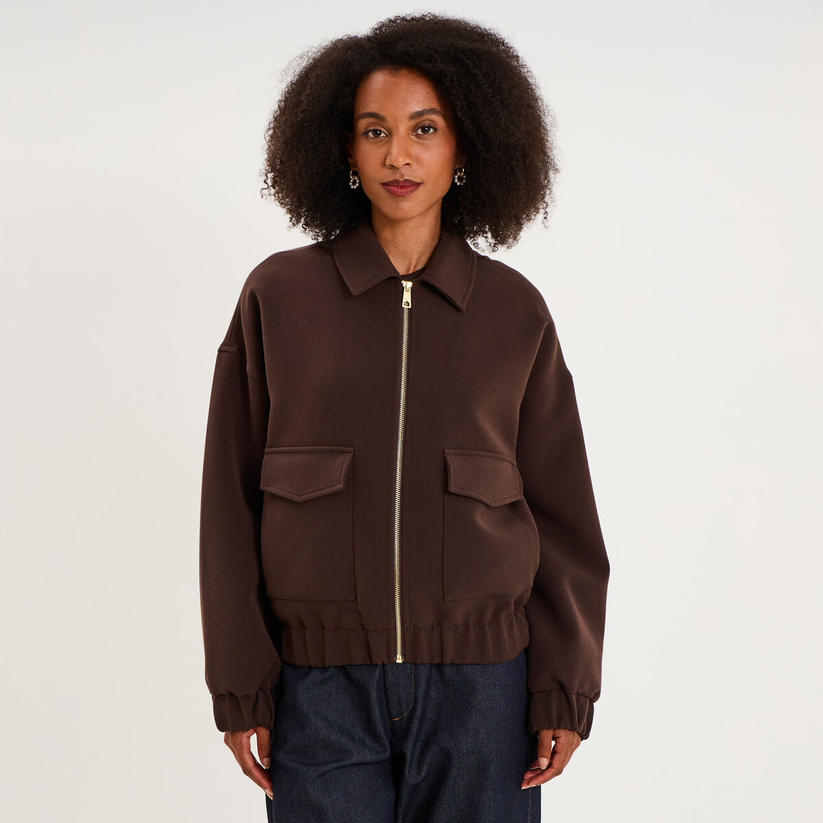Blouson bo&icirc;te zipp&eacute; poches cargo marron fonc&eacute; femme