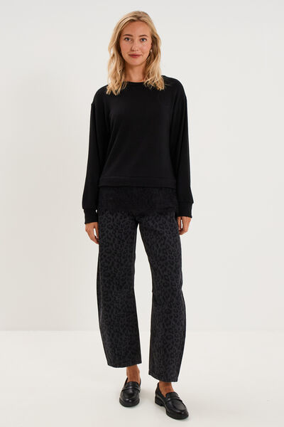 Pull col rond dentelle &agrave; la taille noir femme