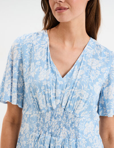 Robe courte col en V taille smock&eacute;e bleu ciel femme