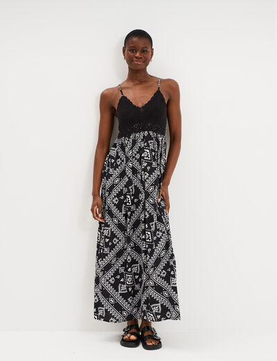Robe longue buste effet crochet noir femme