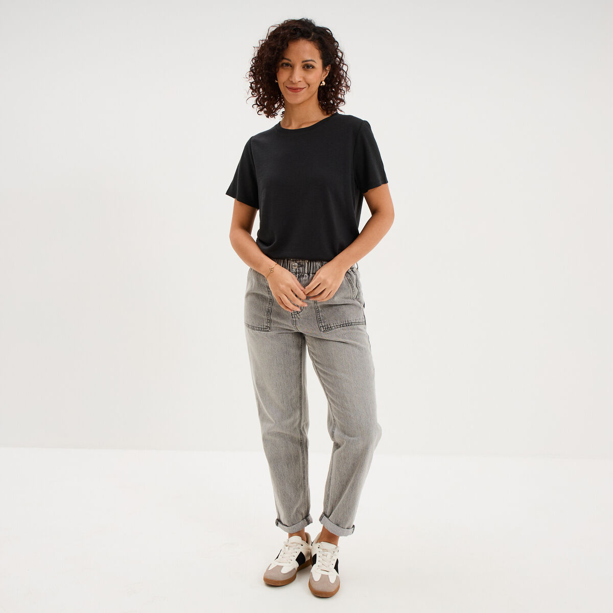 T-shirt manches courtes m&eacute;lange lin noir femme