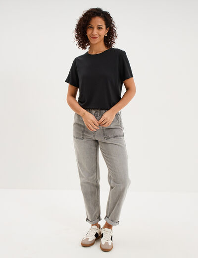 T-shirt manches courtes m&eacute;lange lin noir femme