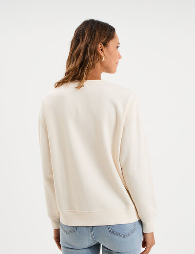Sweat ajour&eacute; avec broderie col rond ecru femme