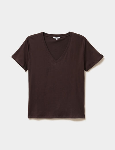 T-shirt manches courtes col en V coton marron fonc&eacute; femme