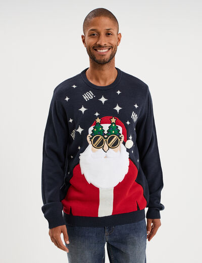 Pull de No&euml;l manches longues bleu marine homme