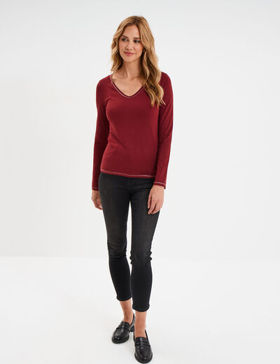 T-shirt manches longues col en V coton bordeaux femme