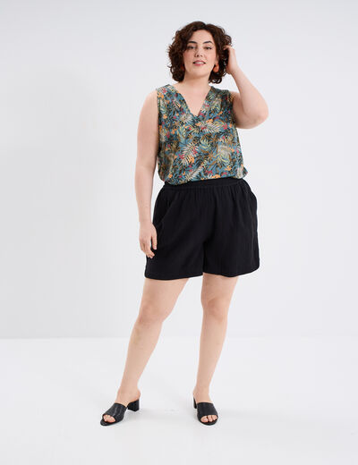 Short droit taille élastiquée coton noir femme grande taille