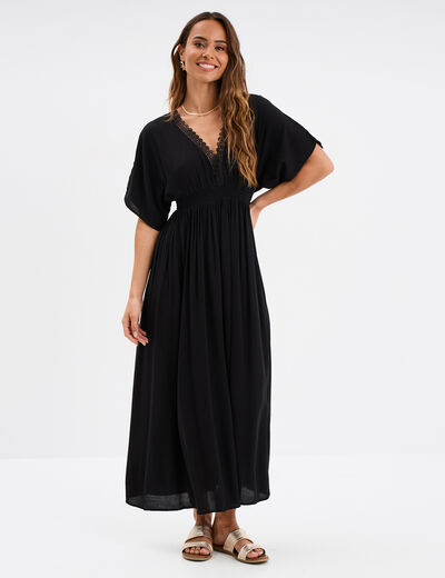 Robe longue évasée noir femme
