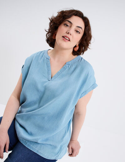Blouse col tunisien manches courtes bleu clair femme grande taille