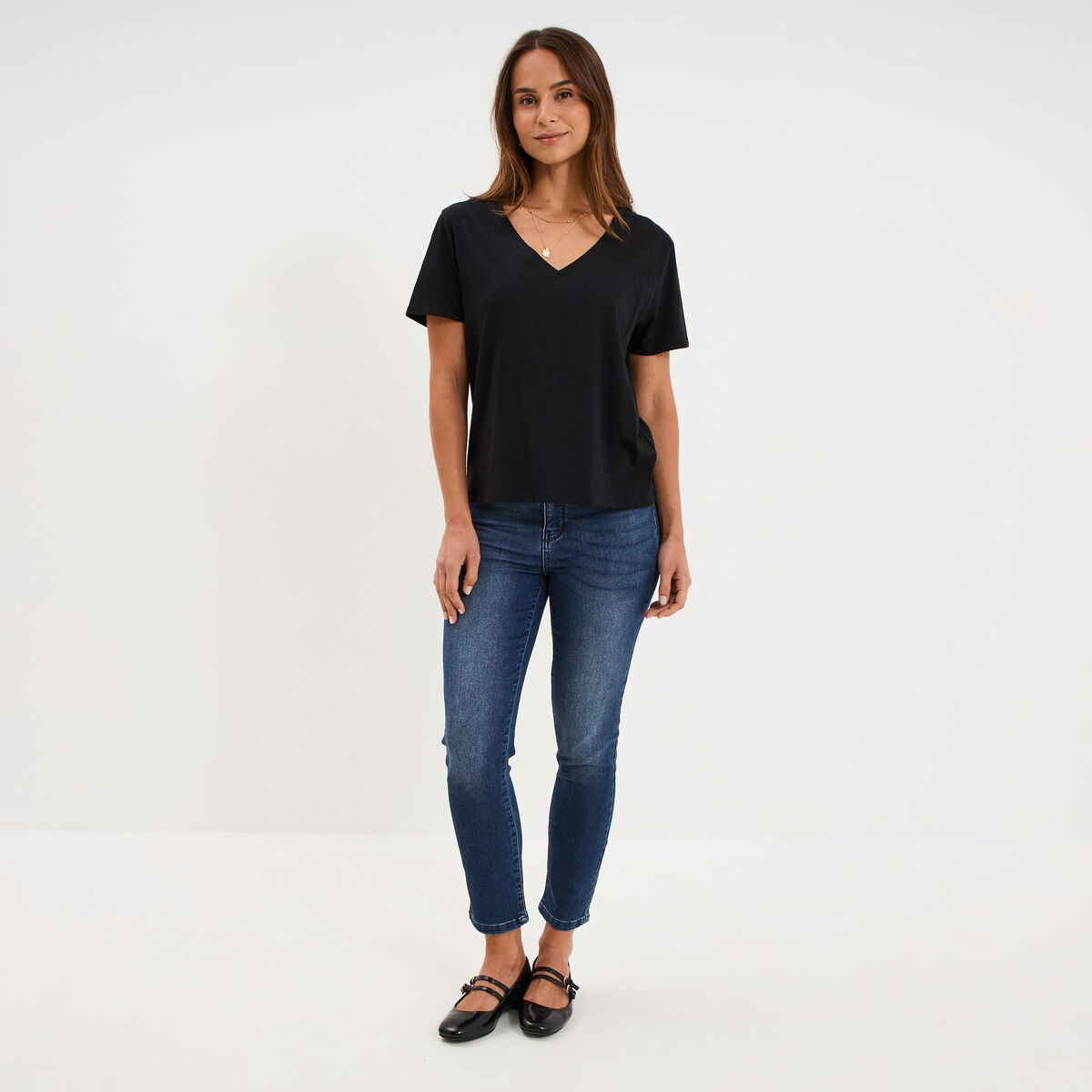 T-shirt manches courtes col en V coton noir femme
