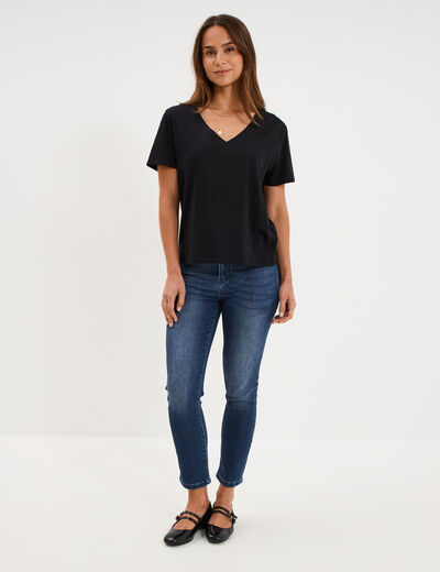 T-shirt manches courtes col en V coton noir femme