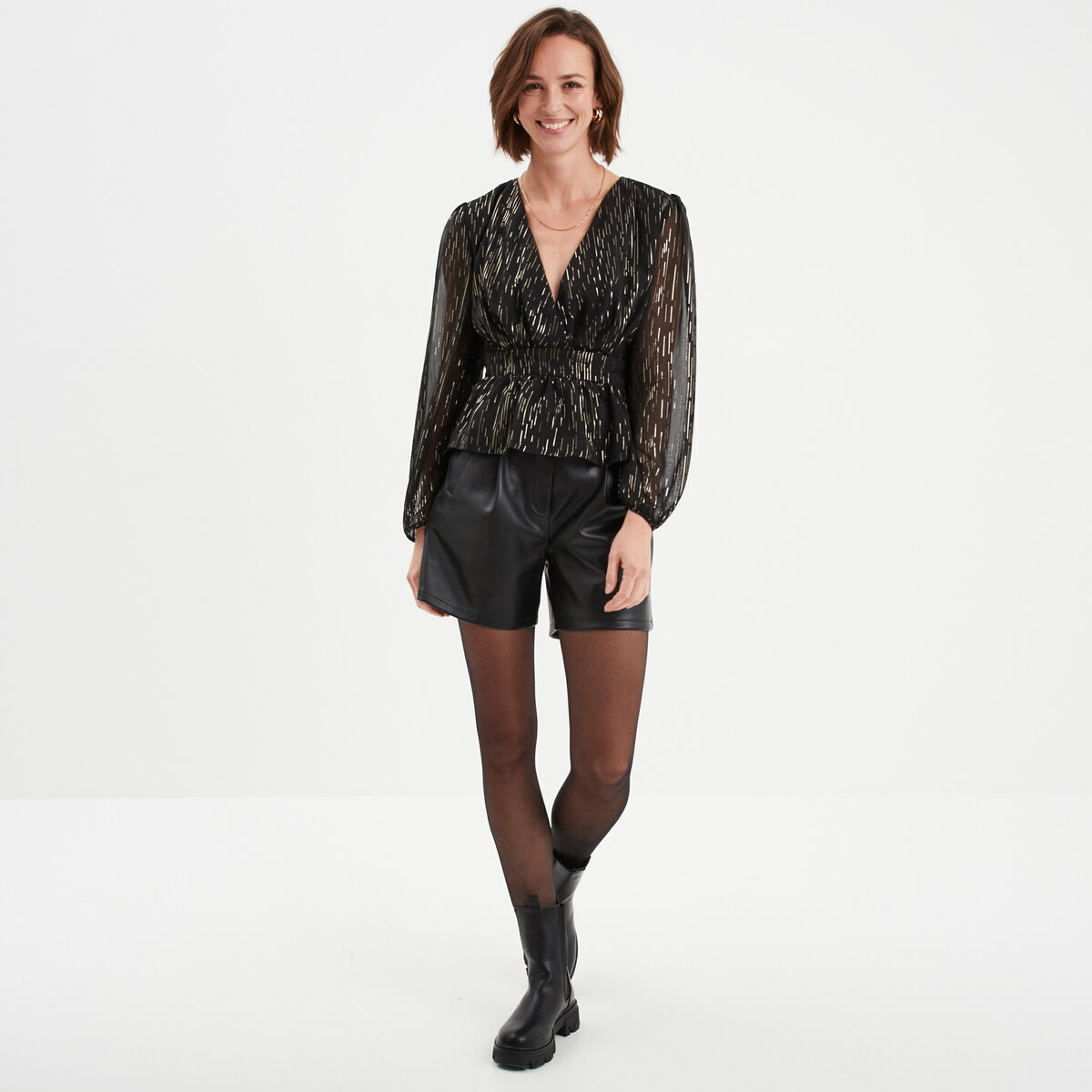 Blouse cintr&eacute;e col cache-coeur noir femme
