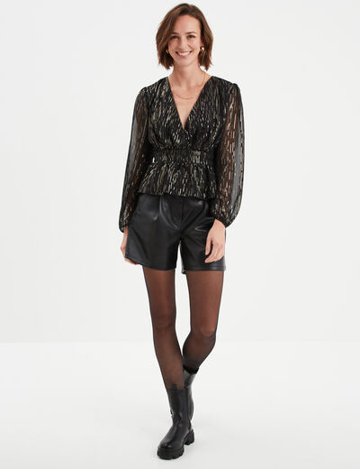 Blouse cintrée col cache-coeur noir femme