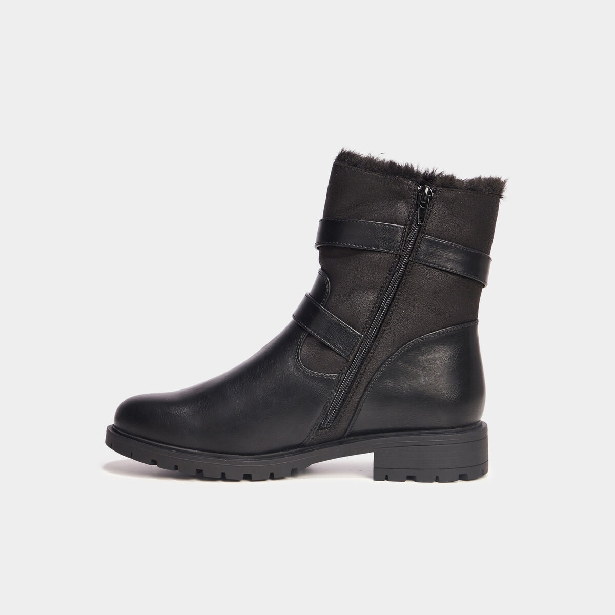 Boots motarde fourr&eacute;es avec boucles noir femme