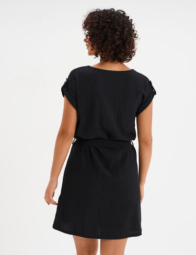 Robe effet gaufr&eacute; manches courtes noir femme