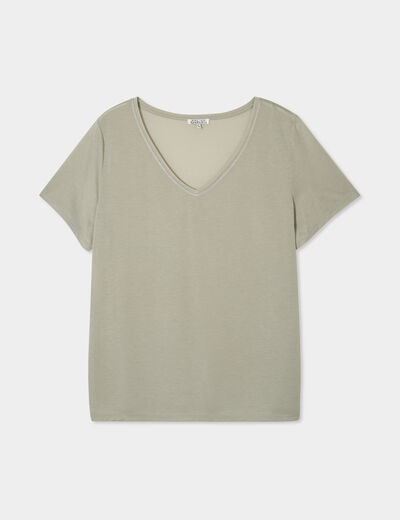 T-shirt manches courtes col V vert kaki femme grande taille