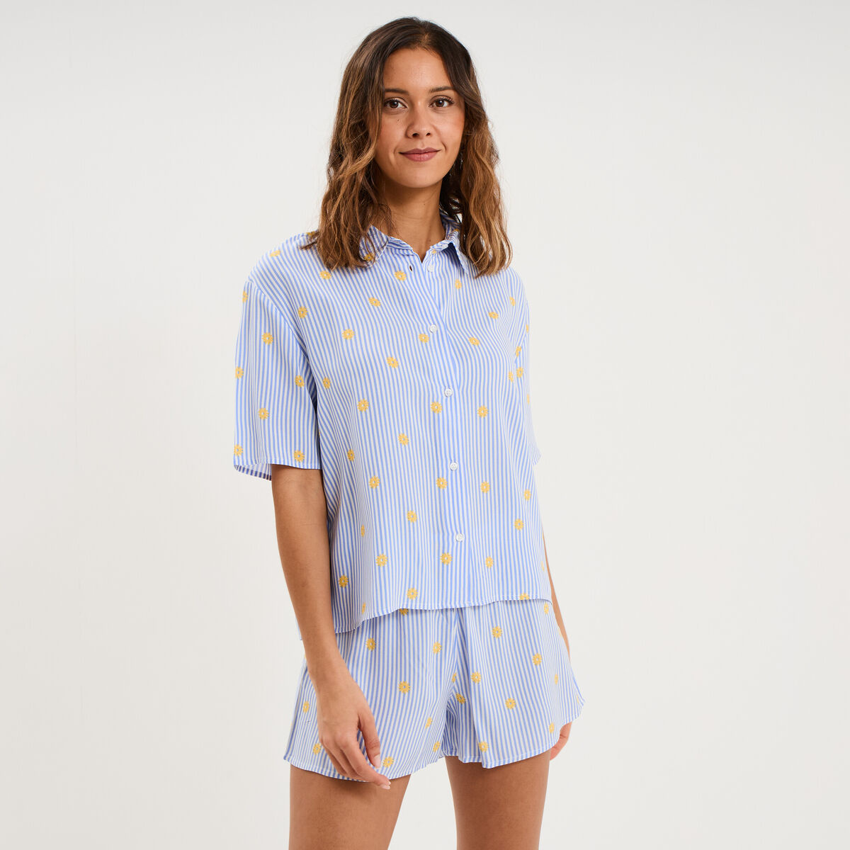 Ensemble pyjama short et chemise ecru femme