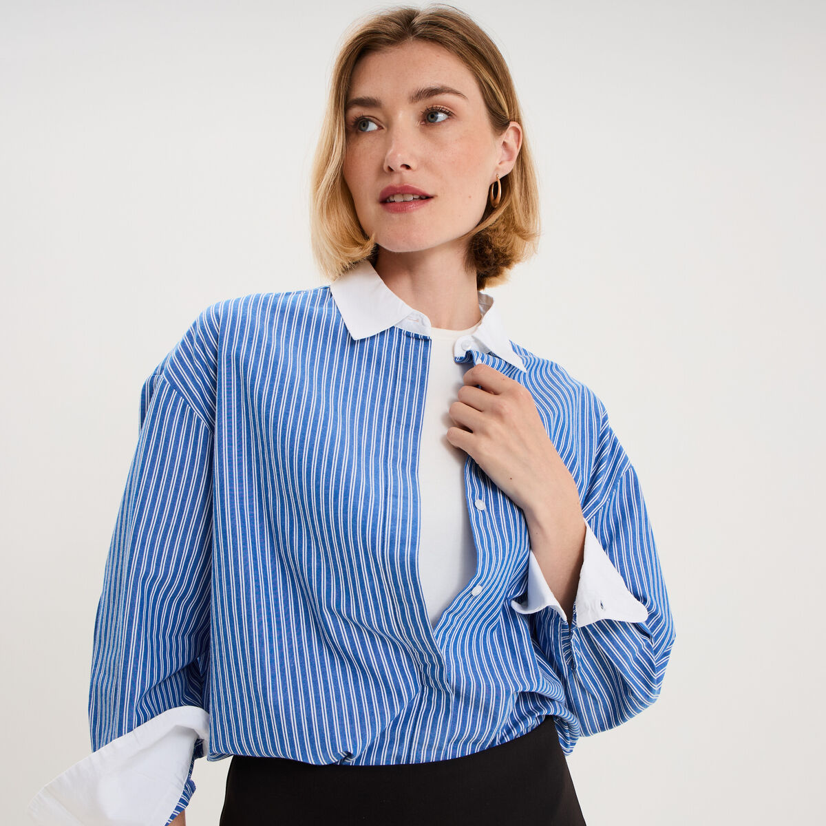 Chemise oversize col contrast&eacute; bleu femme