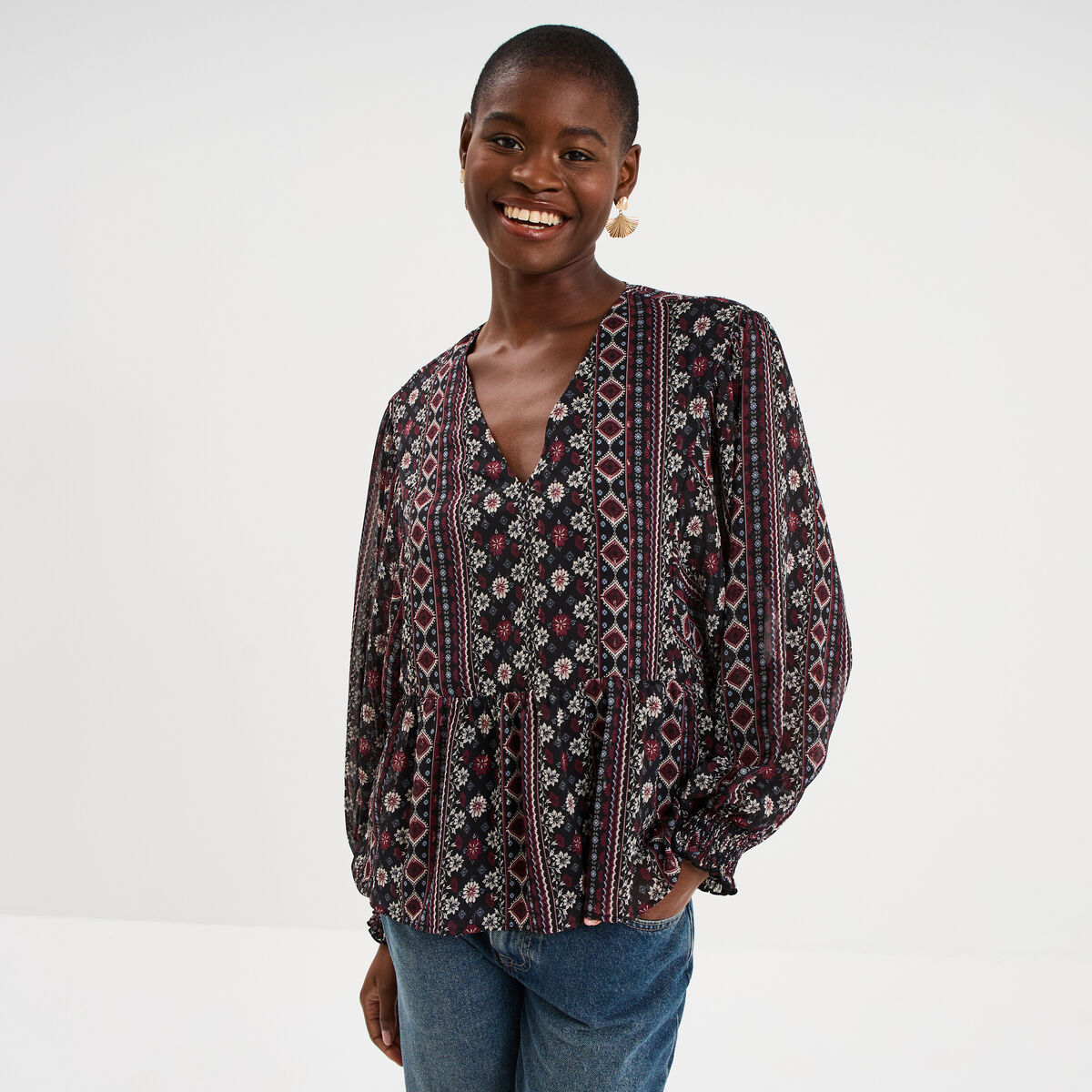 Blouse fluide en voile manches longues noir femme