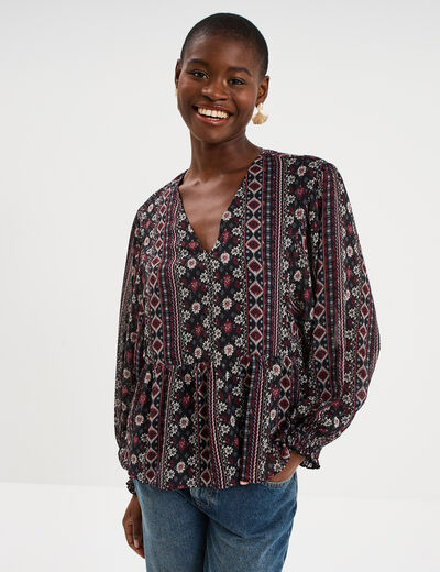 Blouse fluide en voile manches longues noir femme