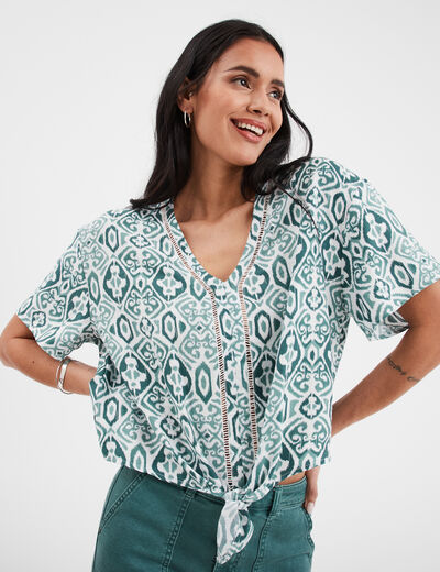 Blouse manches courtes détail noeud vert foncé femme