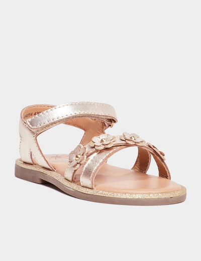 Sandales irisées avec fleurs en cuir jaune or fille
