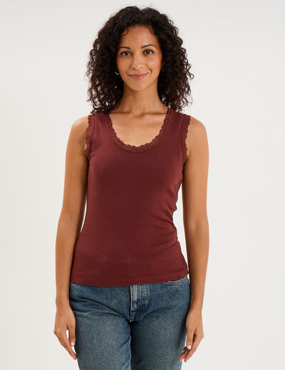 D&eacute;bardeur coton bords dentelle bordeaux femme