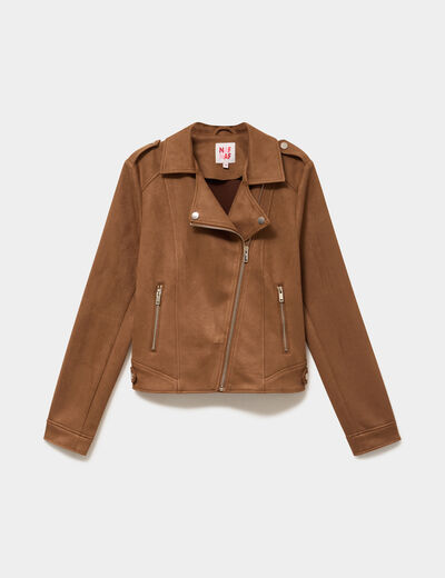 Veste biker effet su&eacute;dine camel femme