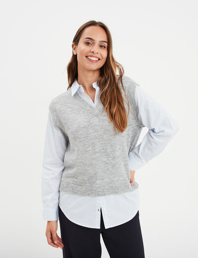 Pull effet 2-en-1 manches longues gris femme