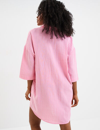 Robe chemise manches 3/4 gaze de coton rose vif femme