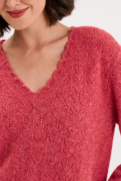 Pull col V ajour&eacute; manches longues rose cerise femme