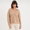 Pull col V ajour&eacute; manches longues beige femme