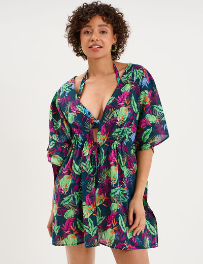 Robe de plage en coton col V bleu p&eacute;trole femme