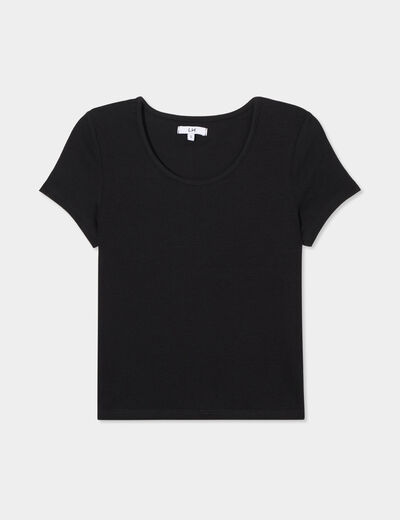 T-shirt côtelé manches courtes coton noir femme