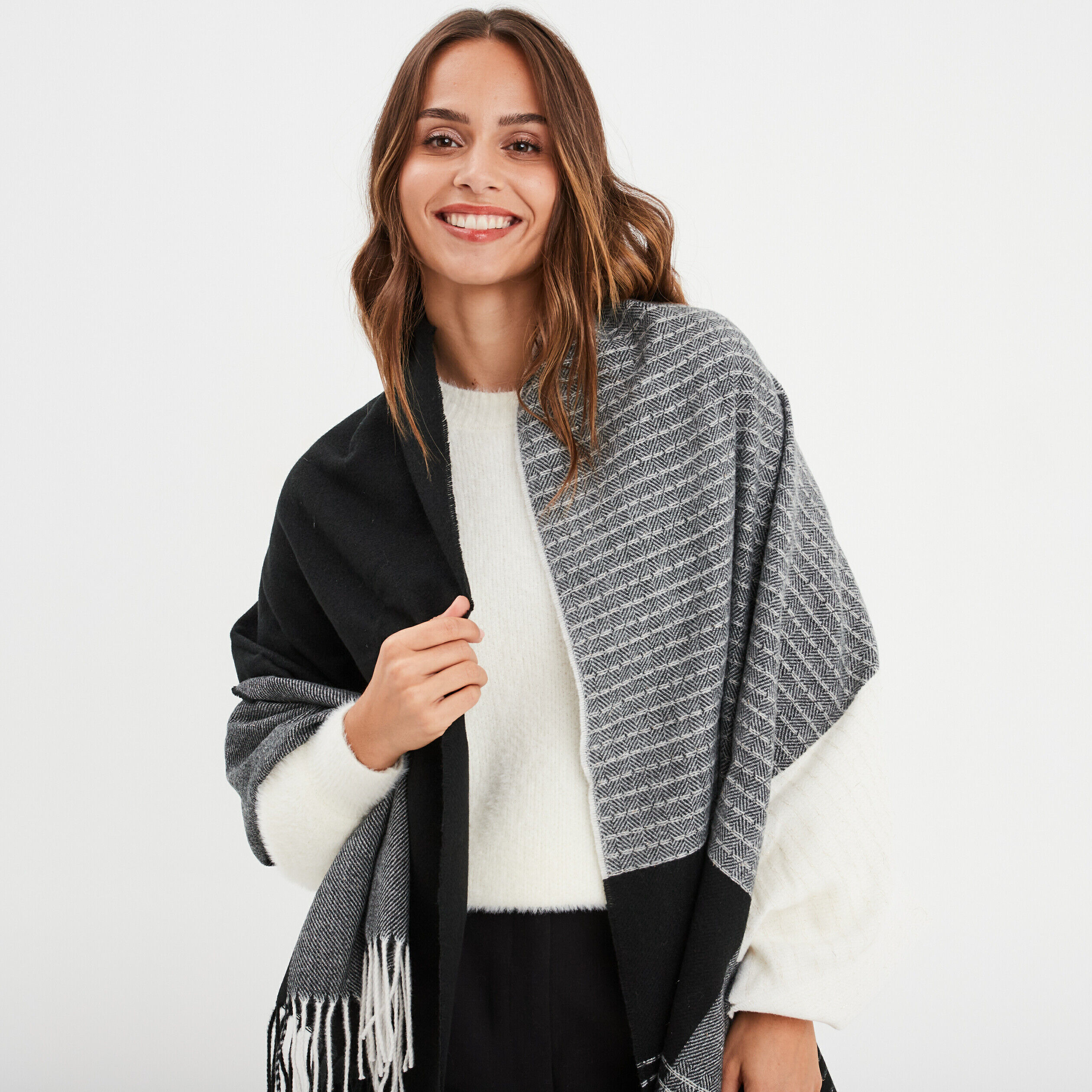 Écharpe Femme à Franges Imprimée Smiley - Cachemire Doux, 195x68 Cm, Idéale Automne-hiver, Quotidien Et Voyage - 3