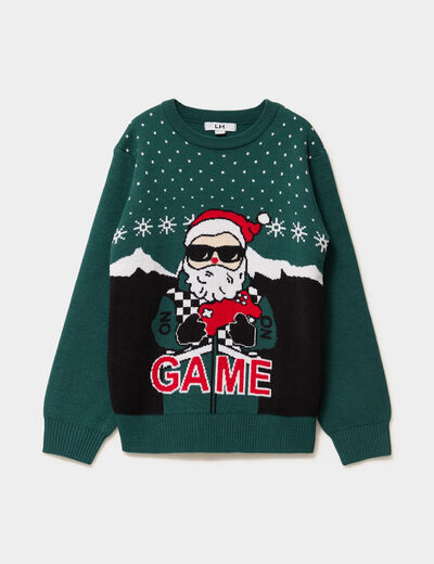 Pull No&euml;l manches longues vert fonc&eacute; gar&ccedil;on