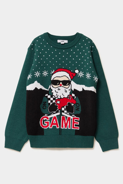 Pull No&euml;l manches longues vert fonc&eacute; gar&ccedil;on