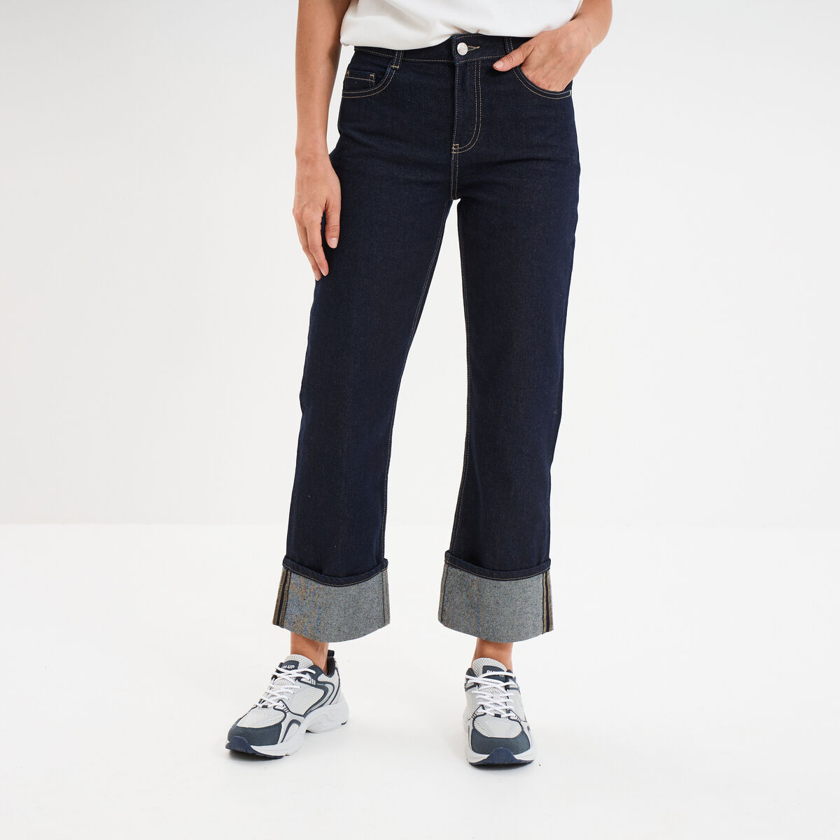 Jeans droit taille haute revers 7/8ème denim brut femme
